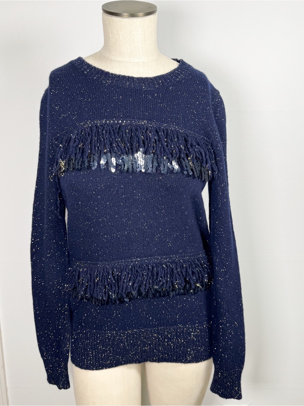 THAKOON Sequined Fringe Wool Angora Navy Gold Shimmer Sweater Sz S